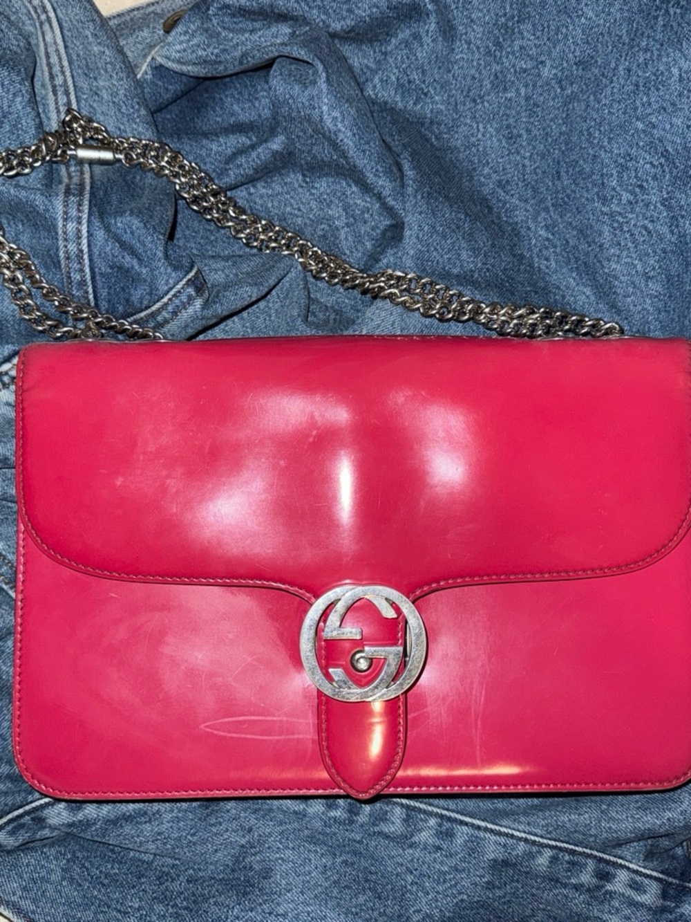 Gucci Hot Pink Leather Shoulder Bag with Silver Chain